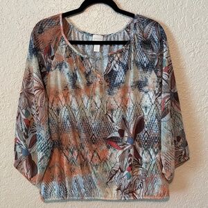 Chico's Size 1 Blue Brown Art to Wear Modern Floral Graphic Print Women's Size M